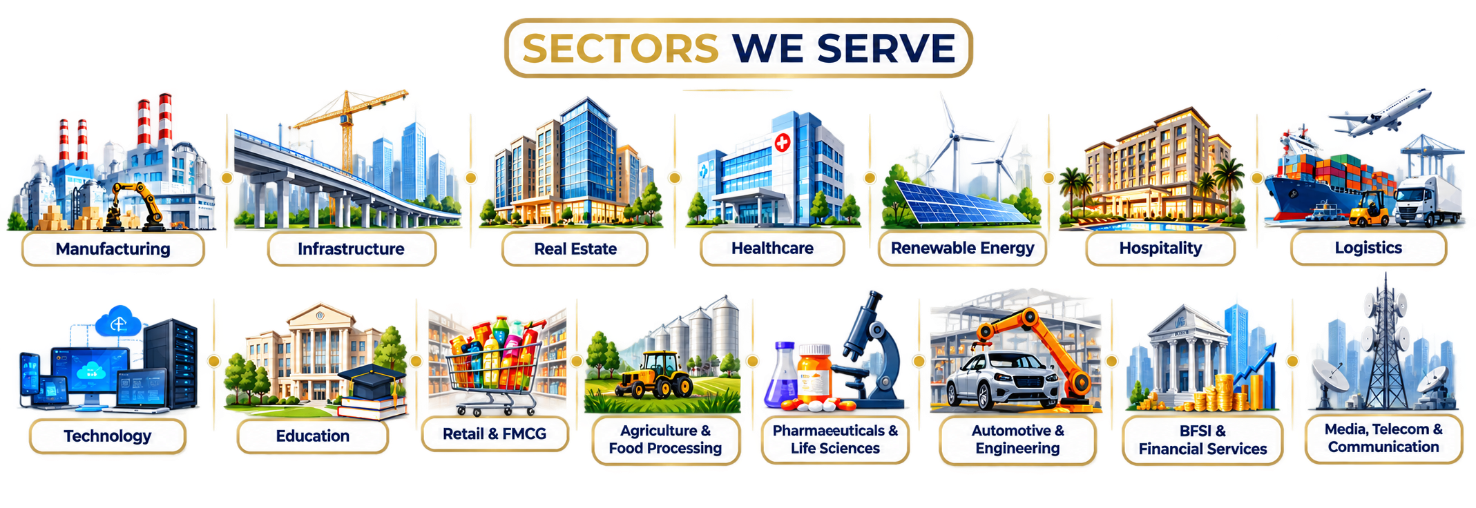 Sectors We Serve: Manufacturing, Infrastructure, Real Estate, Healthcare, Renewable Energy, Hospitality, Logistics, Technology, Education, Retail and FMCG, Agriculture and Food Processing, Pharmaceuticals and Life Sciences, Automotive and Engineering, BFSI and Financial Services, Media Telecom and Communication